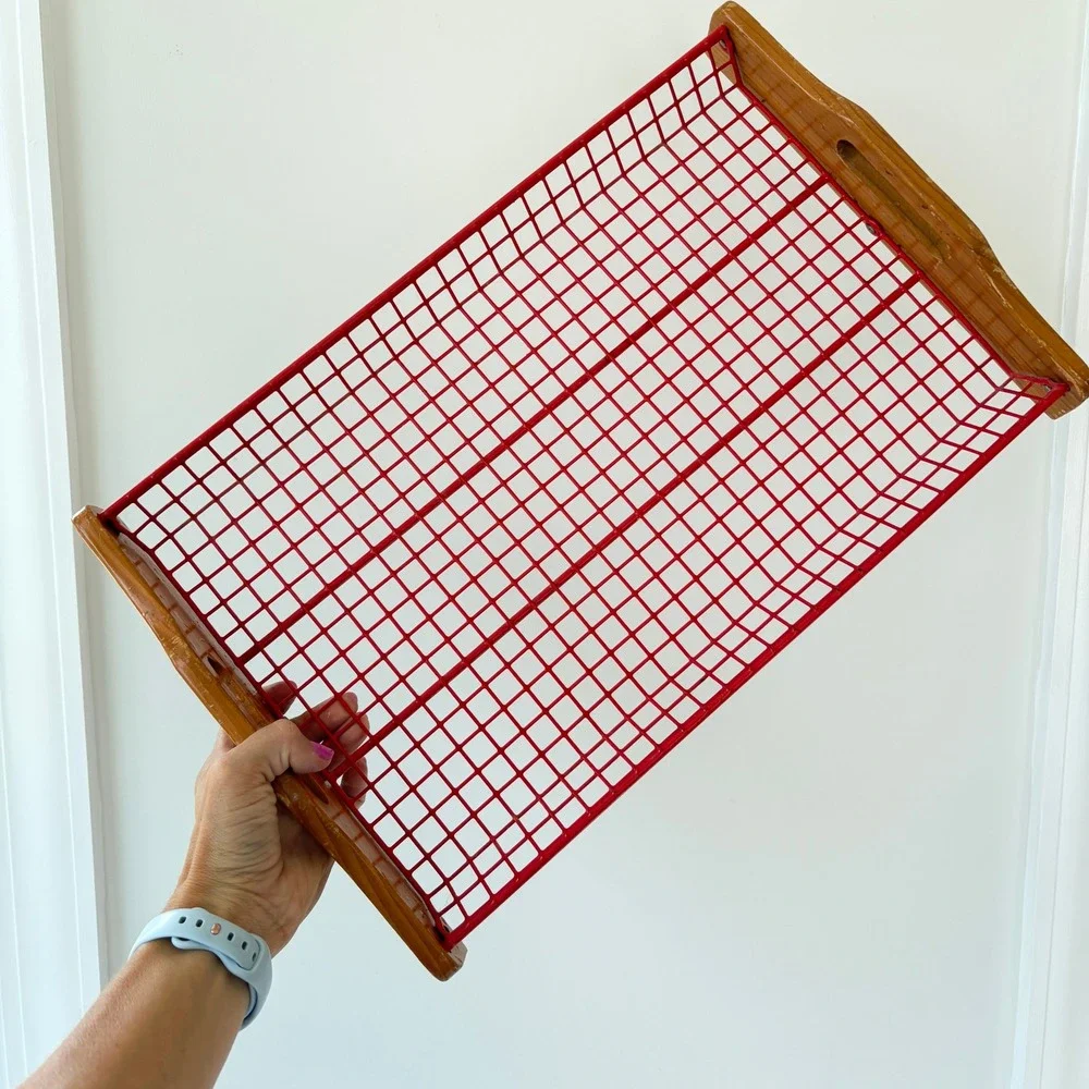 Vintage Red Wire Mesh Serving Tray Wooden Handles MCM Industrial Retro Grid